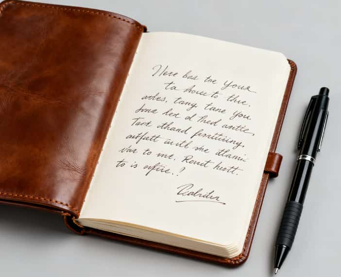 Handcrafted leather journal open to a handwritten love note