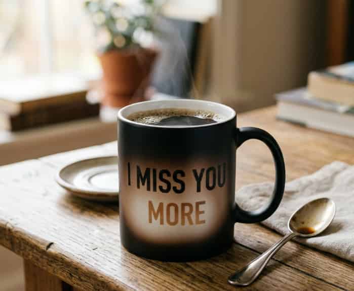 "I Miss You" heat-reveal magic mug with hot coffee on a rustic wooden table