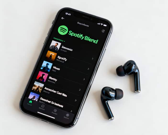 Smartphone displaying a shared Spotify playlist with wireless headphones