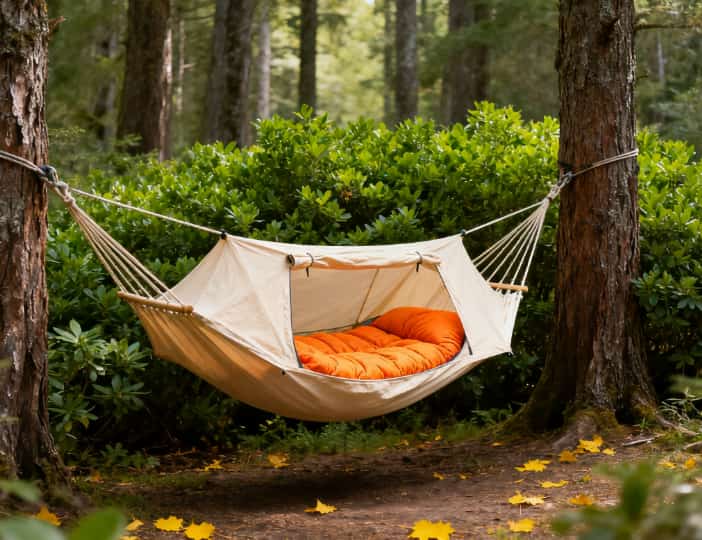 Colorful hammock tent set up in forest