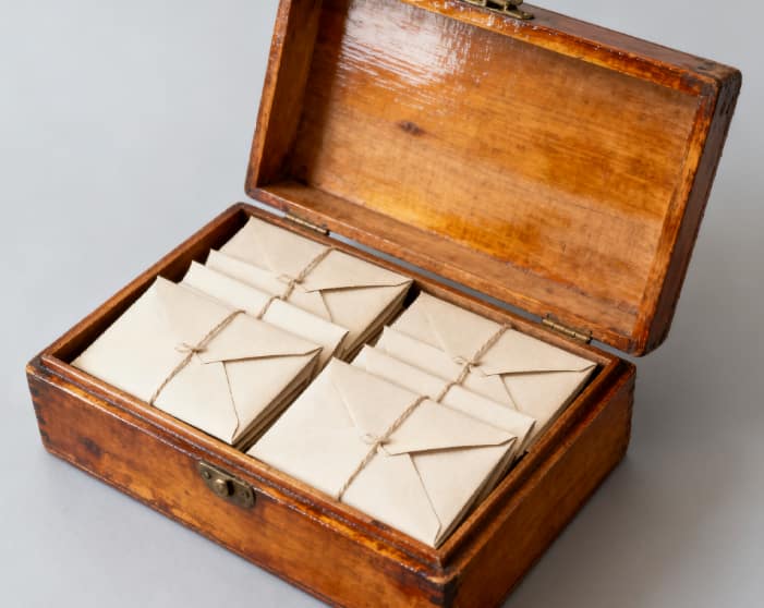 Vintage box filled with handwritten letters for different moods