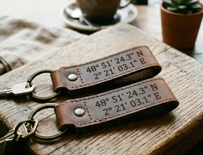 Matching leather keychain set engraved with geographic coordinates on a wooden table