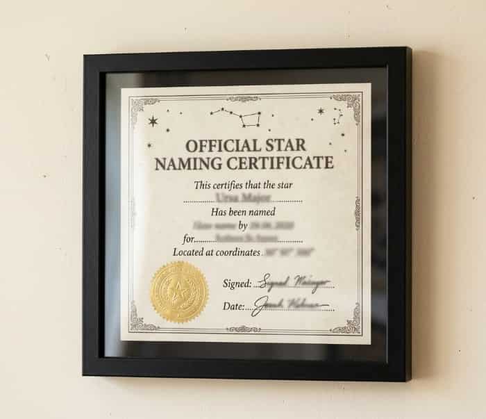 Framed official star naming certificate with a simple background
