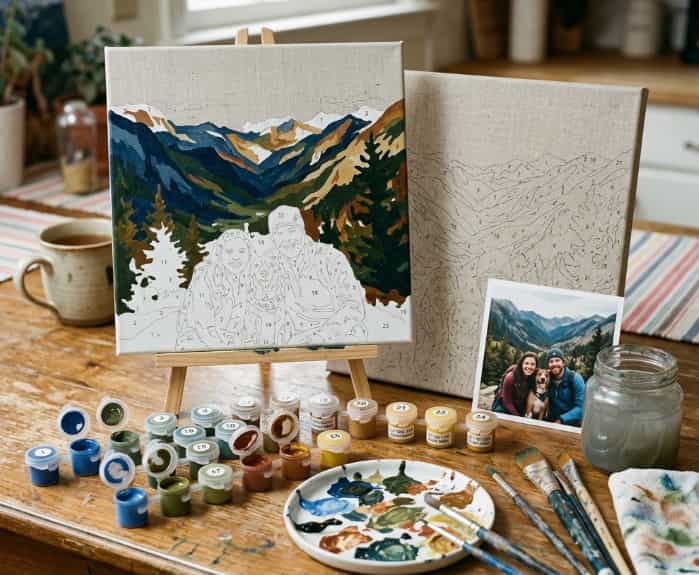 Custom paint-by-numbers kit of a shared couple photo on a kitchen table