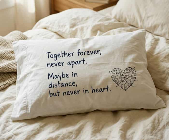 A personalized long-distance pillowcase on a bed with a romantic quote and heart-shaped map design
