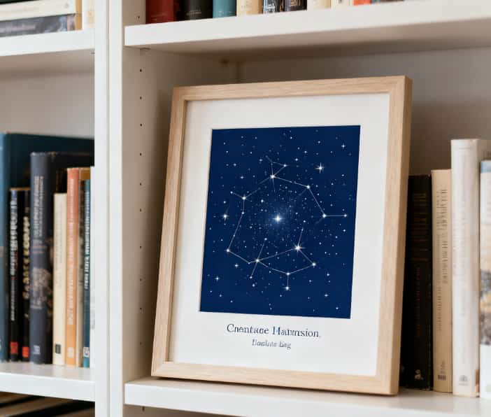 Framed custom star map showing the night sky on a specific anniversary date