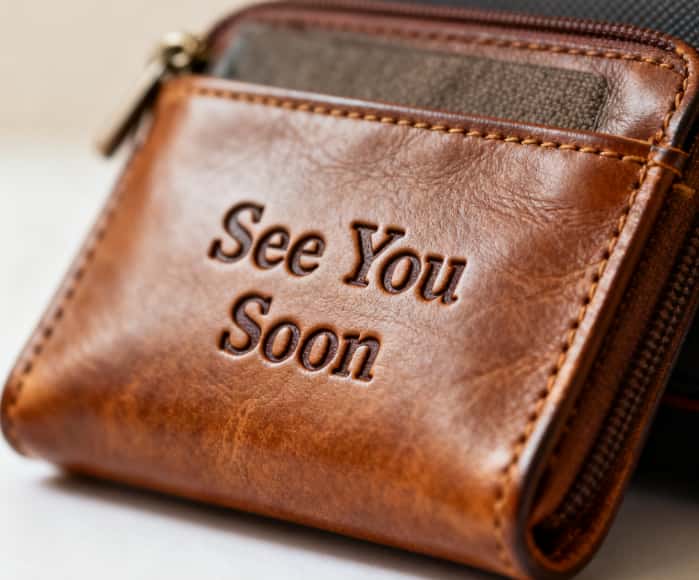 Leather travel case with "See You Soon" engraved for her