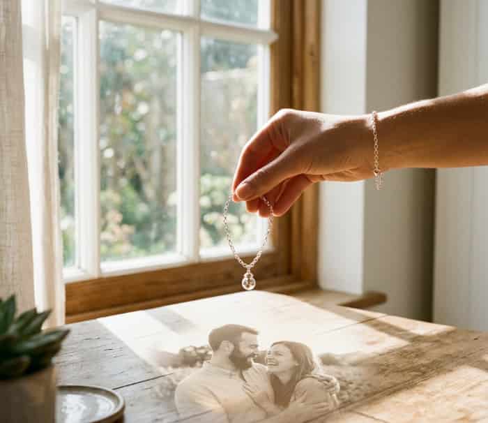 Silver projection bracelet casting a couple's photo onto a table through window light