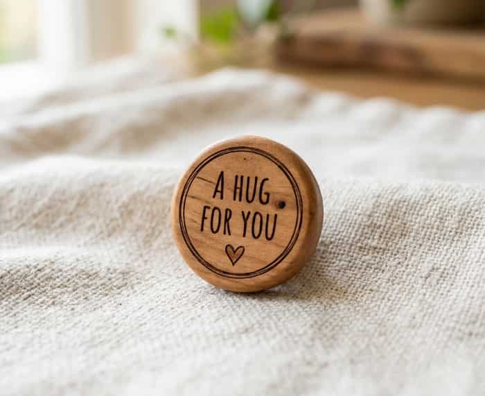 A wooden token engraved with "A Hug for You" resting on a soft surface