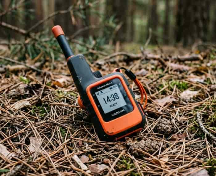 Pocket satellite messenger device on a forest floor of pine needles
