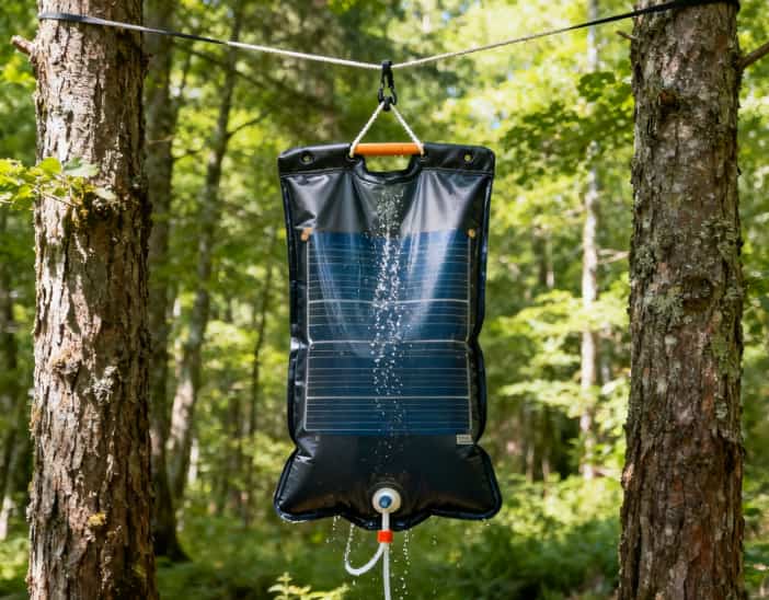 Portable solar shower setup in the woods