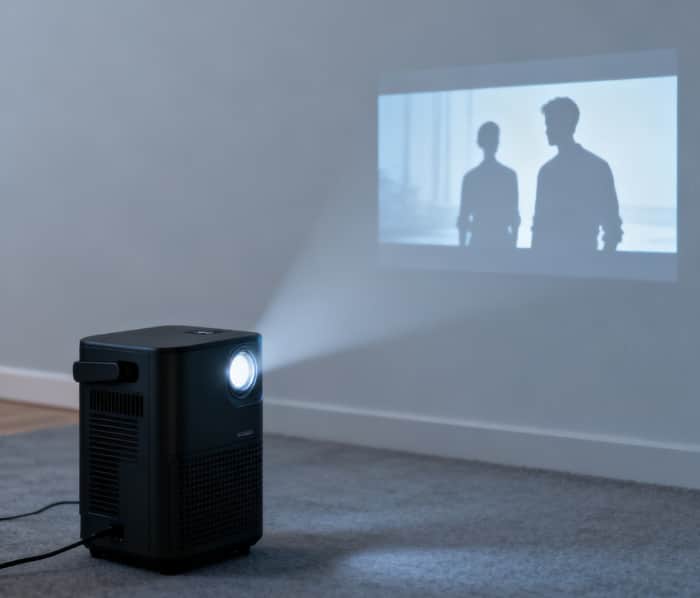 Portable home theater projector in use