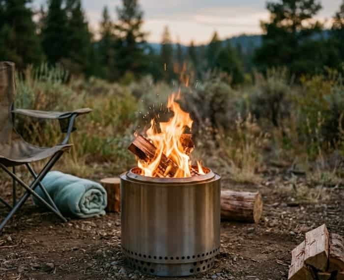 Portable smokeless fire pit burning clean at a campsite