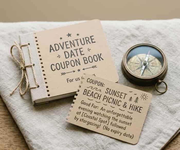 Adventure date coupon book with one tear-out card next to a compass