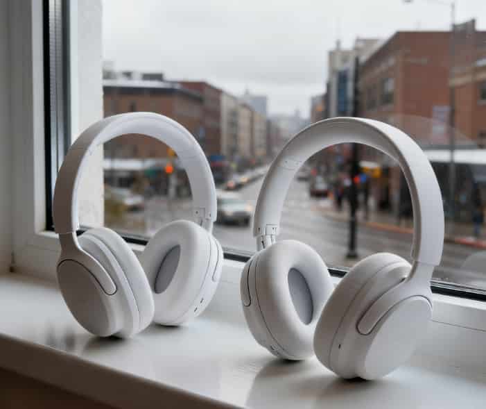 Matching headphones for a couple sharing quiet moments