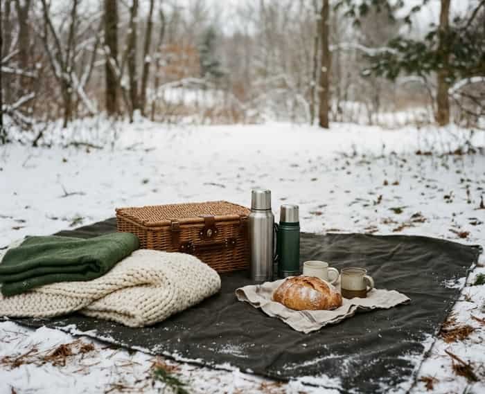 Romantic winter picnic setup on snow with warm thermoses