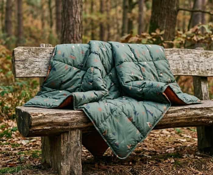 Recycled down two-person camp blanket draped over a log bench