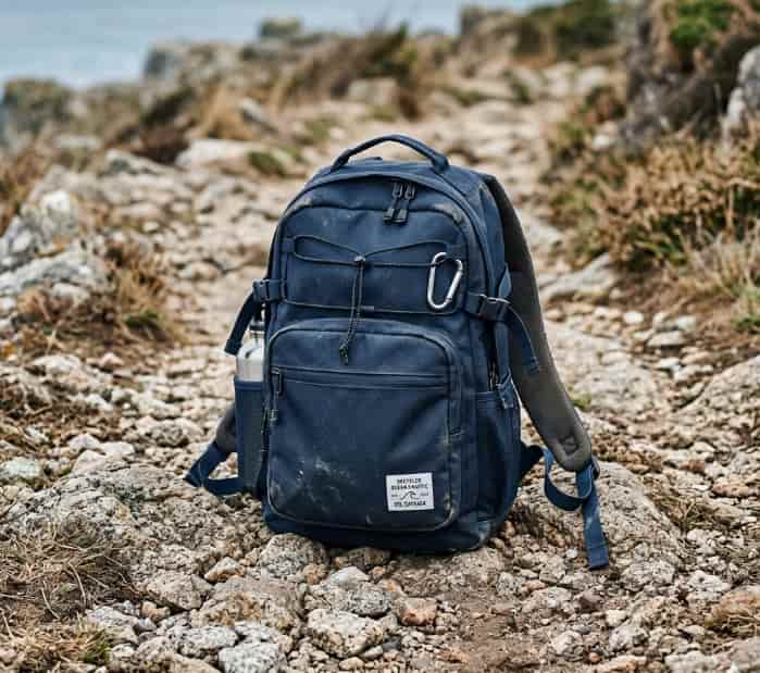 Recycled ocean plastic daypack resting on a rocky trail