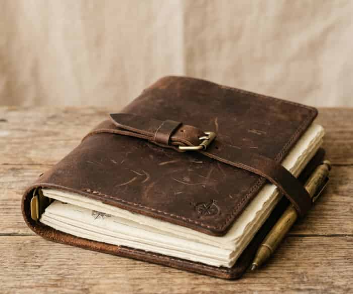 Vintage brown leather adventure journal with a buckle strap and a brass pen on a wooden table