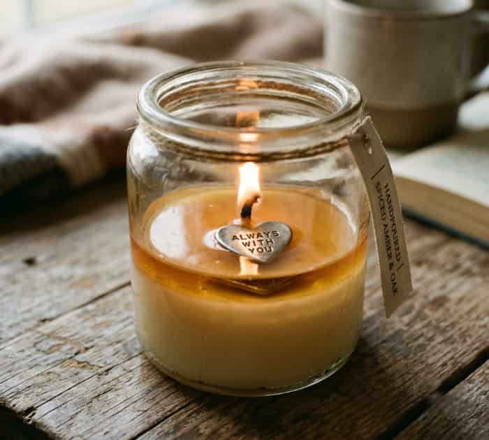 Scented candle in a jar with a hidden metal heart message in the melted wax