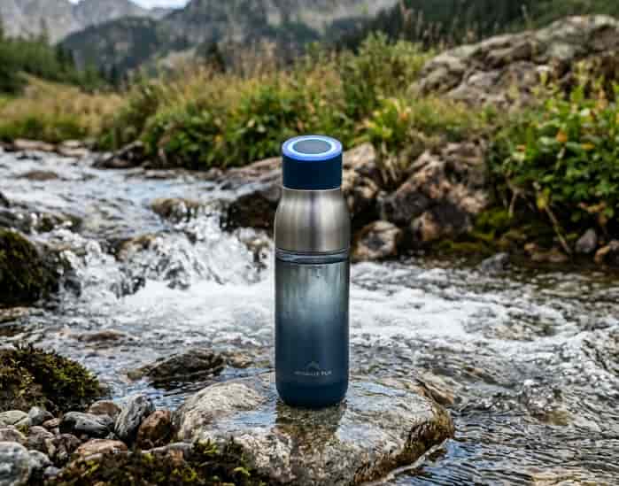 Self-cleaning filtered water bottle by a mountain stream