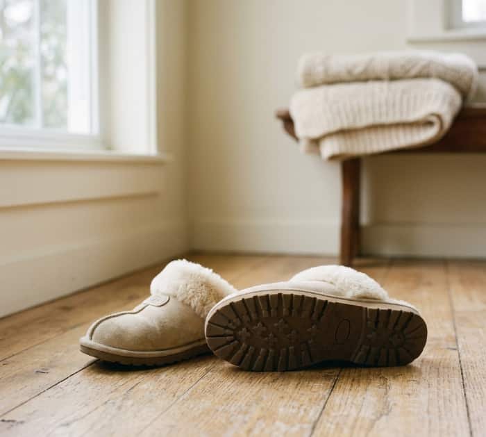 Two beige shearling slippers on wooden floor