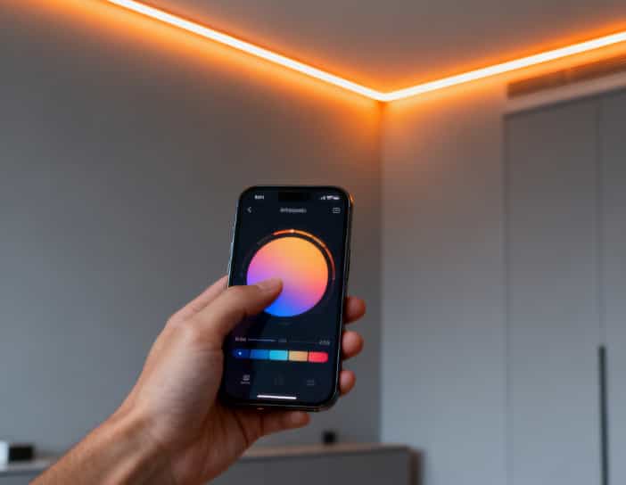 Smart color-changing bulbs casting warm glow in a cozy winter room