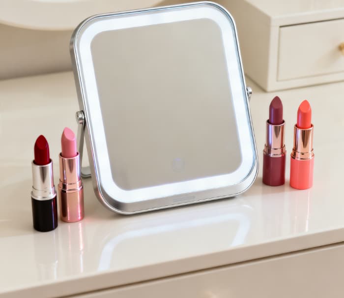 Smart LED makeup mirror on vanity