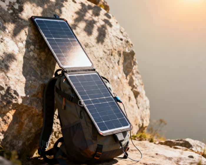 Solar-powered backpack charging in the outdoors