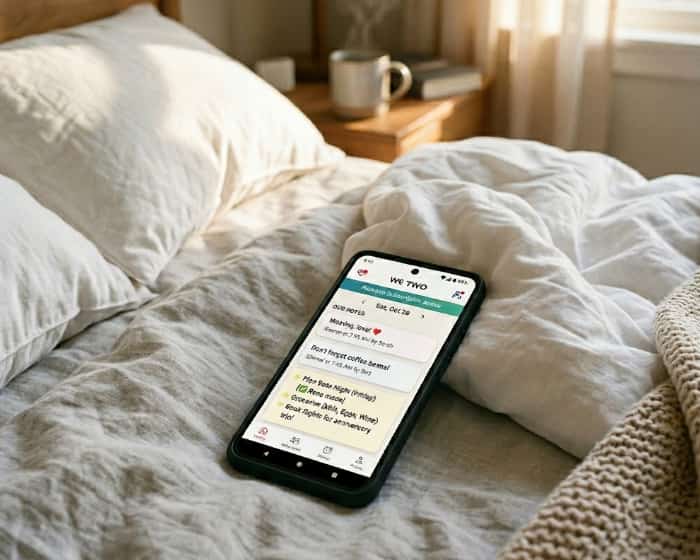 A smartphone lying on a cozy bed in soft morning light, displaying a shared note-taking screen from a couple's app