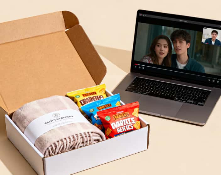 Cozy home movie night setup with blanket and snacks for couples apart