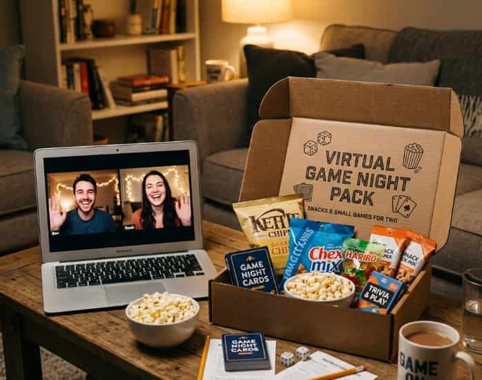 A laptop showing a couple on a video call next to an open virtual game night gift pack with snacks
