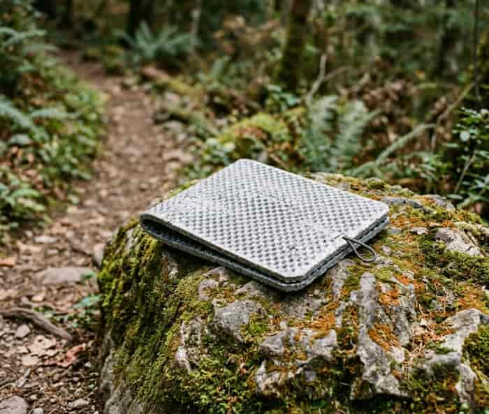 Ultralight recycled sit pad on a mossy rock by a trail