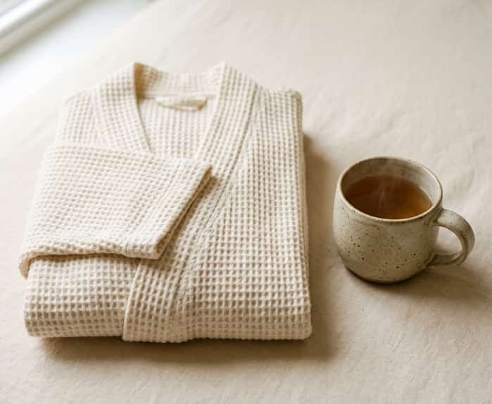 Folded cream waffle weave bathrobe for slow winter mornings