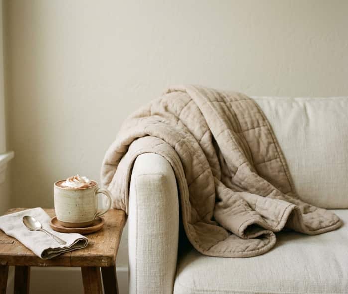 Quilted weighted blanket draped over sofa with hot chocolate