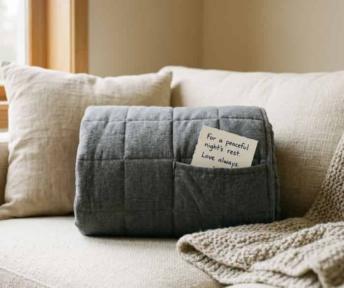 A folded grey weighted blanket on a cozy sofa, with a small note peeking out of its pocket