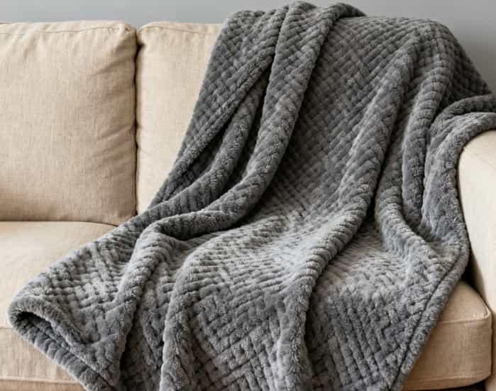 Grey weighted blanket folded on a cozy armchair