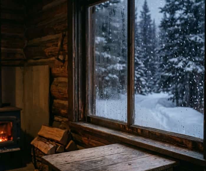 Cozy log cabin interior with wood stove and snow falling outside