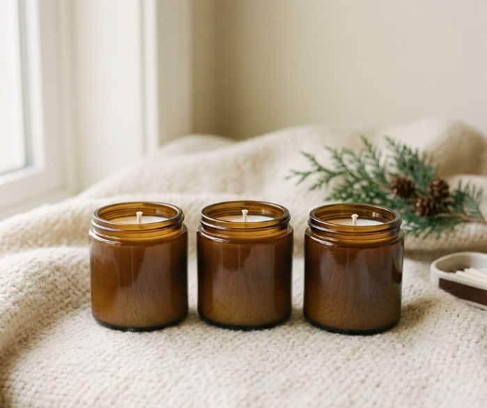 Three amber glass jar winter candles on textured knit blanket