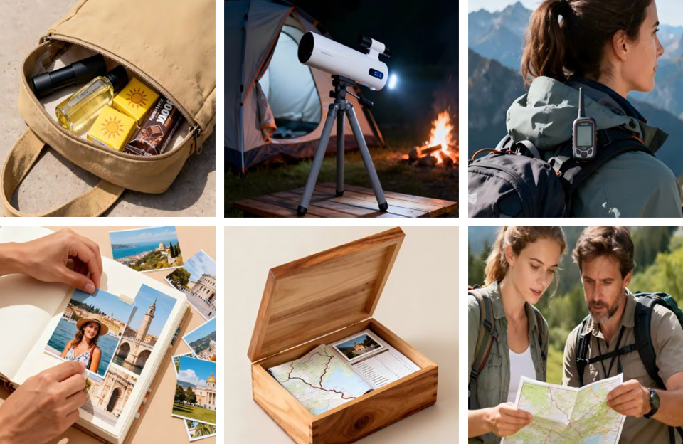 Collage of unique adventure gifts for an outdoorsy girlfriend