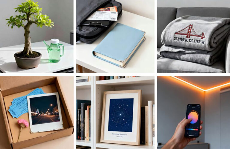 Collage of 6 cozy and romantic winter anniversary gift ideas