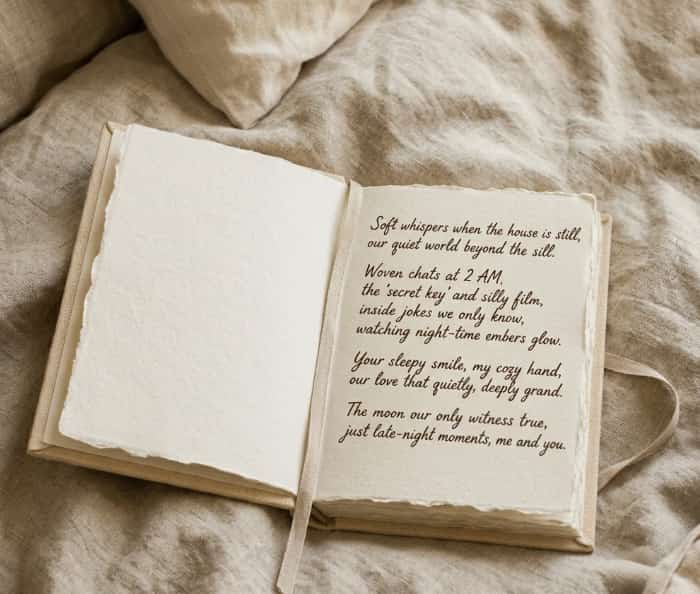 Handmade personalized love poetry journal resting on linen bedding