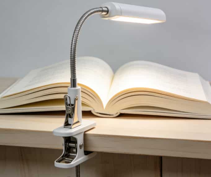 Clip-on reading light on an open book