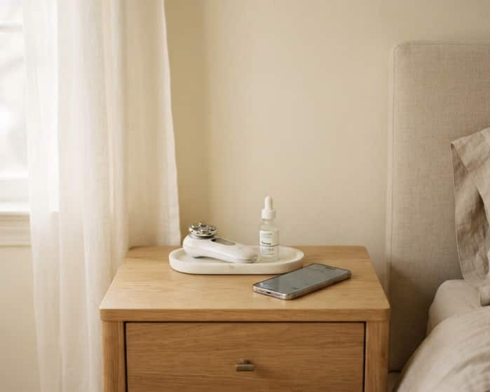 Microcurrent facial skincare device next to a smartphone on a nightstand