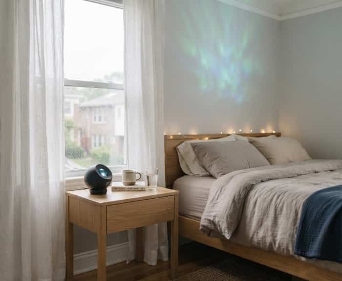 Spherical aurora projector on a nightstand casting green and blue light onto a bedroom wall