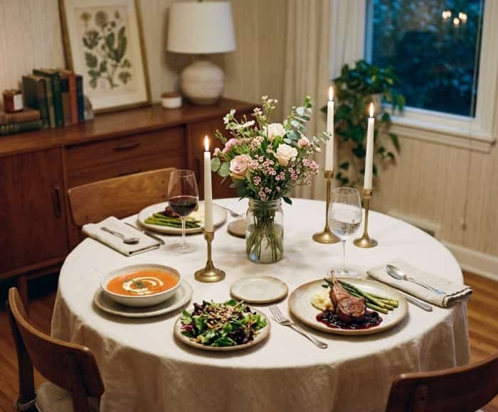 Candlelit romantic dinner table setting with gourmet meals at home