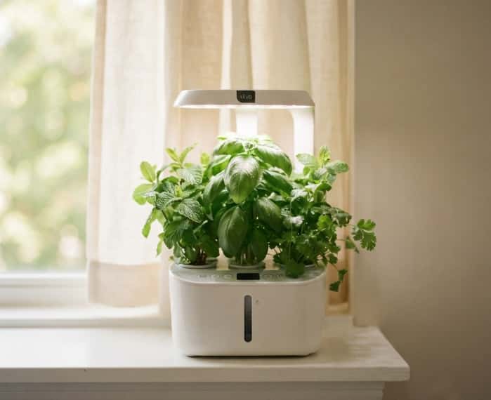 Smart indoor herb garden kit with fresh basil growing on a windowsill