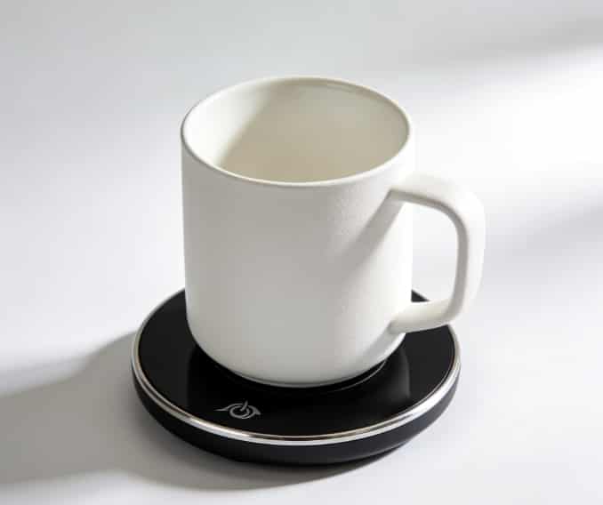 White cordless heated mug on charger