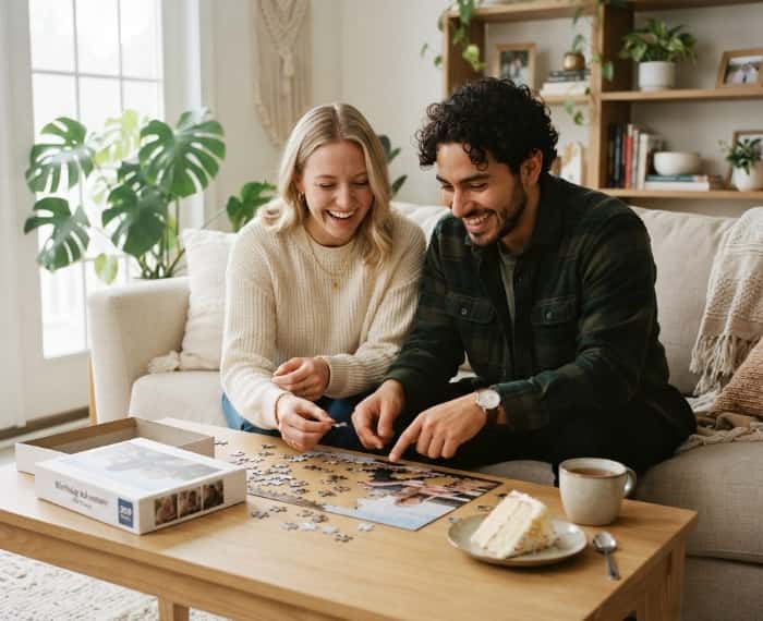 Couple assembling a custom photo jigsaw puzzle on a living room table