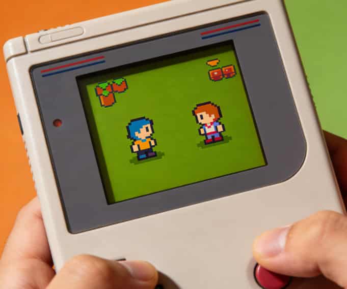 Pixel art video game scene on a monitor